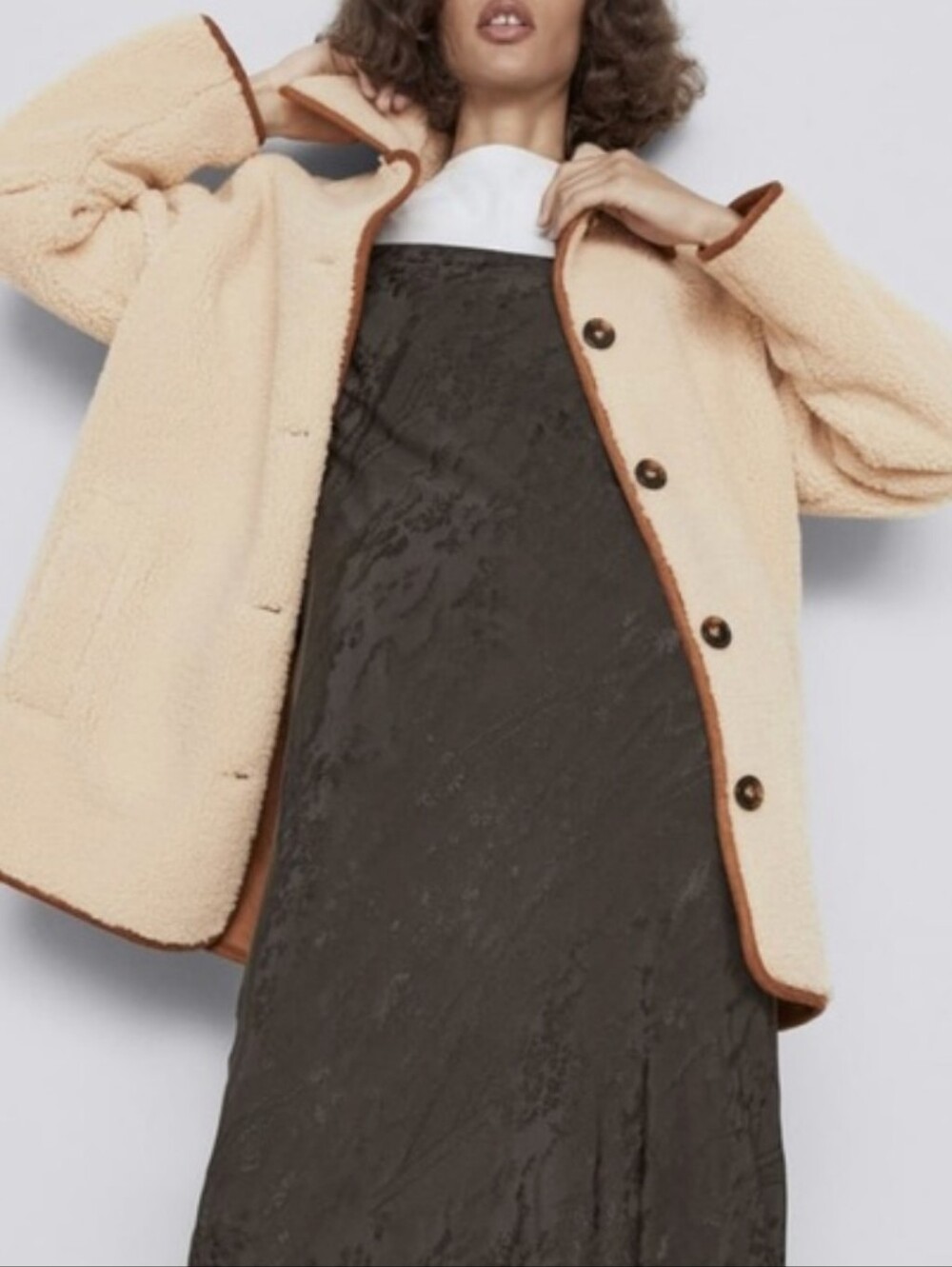 Zara Cream Fleece Coat With Lapel Collar